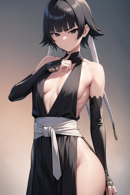 soifon, short hair, bangs, black hair, short hair with long locks, (black eyes:1.6), (small breasts:1.2), gloves, bare shoulders, japanese clothes, elbow gloves, hakama, black hakama, outdoors, looking at viewer, (masterpiece:1.2), best quality, high resolution, unity 8k wallpaper, (illustration:0.8), (beautiful detailed eyes:1.6), extremely detailed face, perfect lighting, extremely detailed CG, (perfect hands, perfect anatomy),