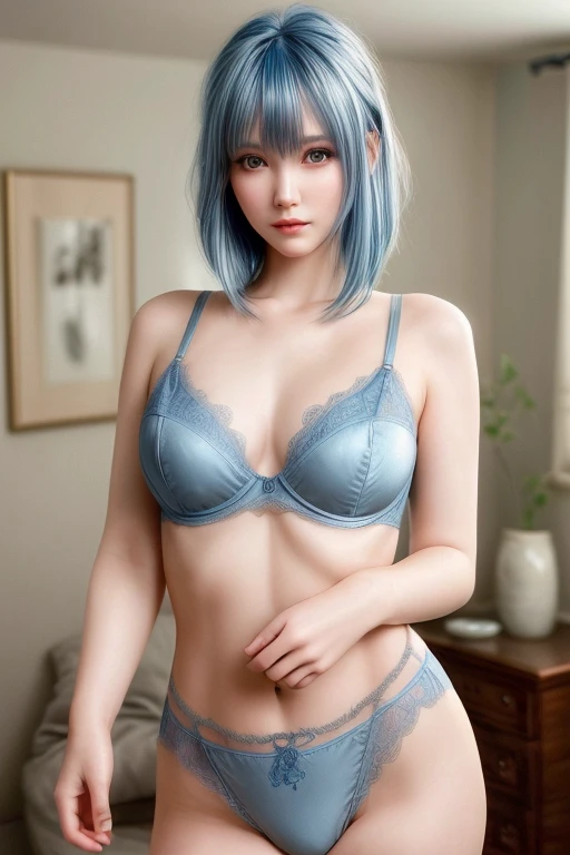 In the room, underwear, blush, focus on the face, bangs, hair circle, blue hair (best quality, 4k, highres, masterpiece:1.2), ultra-detailed, (realistic,photorealistic,photo-realistic:1.37), lingerie, intimate, bedroom, beautiful detailed eyes, beautiful detailed lips, delicate features, youthful appearance, subtle smile, flushed cheeks, impeccable makeup, blue hair styled in bangs and a hair circle, cozy atmosphere, soft lighting, sensual expression