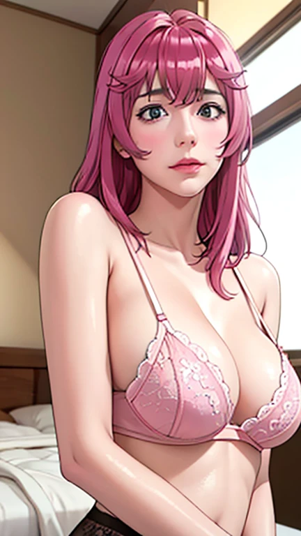 Ultra realistic, vintage photo, best quality, dream aesthetic (a little blurry in cinematic vibrant light), ultra-detailed, fine details, high resolution (image taken by analog camera), Perfect dynamic composition, illuminated pale skin, perfect shading, beautiful (realistic) detailed clear eyes, black lingerie, pantyhose, pale-pink hair, long messy (silky) hair (pale pink), natural big breasts, Natural Color Lip (not smiling), face with shy and embarrassed expression, Random and sensual poses, bedroom (background unfocused)、20 year old、dream atmosphere