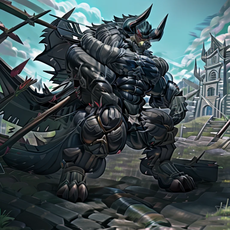 (gigantic muscles), 8K, Masterpiece, highres, Detailed head, Detailed Body, full body, Detailed abs, wearing crNanosuit, big muscle (pecs, triceps, traps) unusually developed muscular body, 
body full of huge muscles. 
pectorales enormes. Exaggeratedly huge muscles. Gigachad Muscular, gigantic muscles, Colossal giant NANOSUIT over a battlefield, The claws are sharp, Sharp teeth, Spread wings, have big wings. black wings, nj5furry, Animal paws, castle, black visor, demon lord dragon batzz