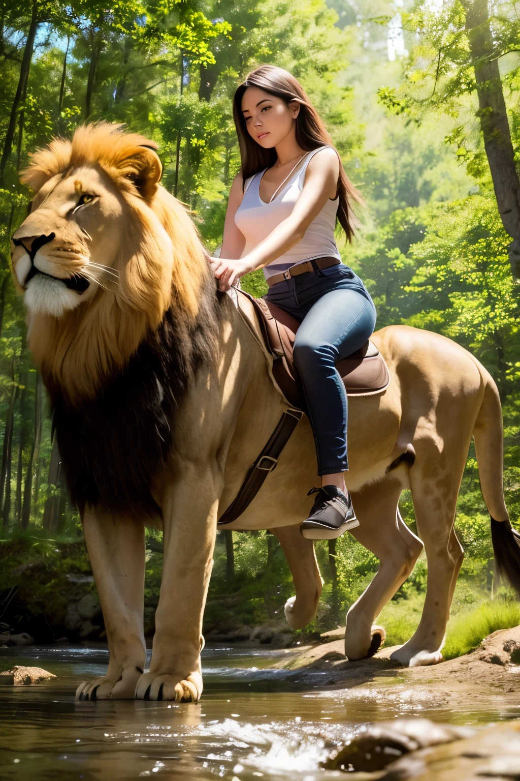 A young woman is riding on the back of a large male lion, stunningly beautiful face, modern outfit, summer outfit, wide angle shot, small stream, rocks, highly detailed girl's face, masterpiece, 8k quality, high resolution, forest, bright scene, sunlight, lively, bright, artistic
