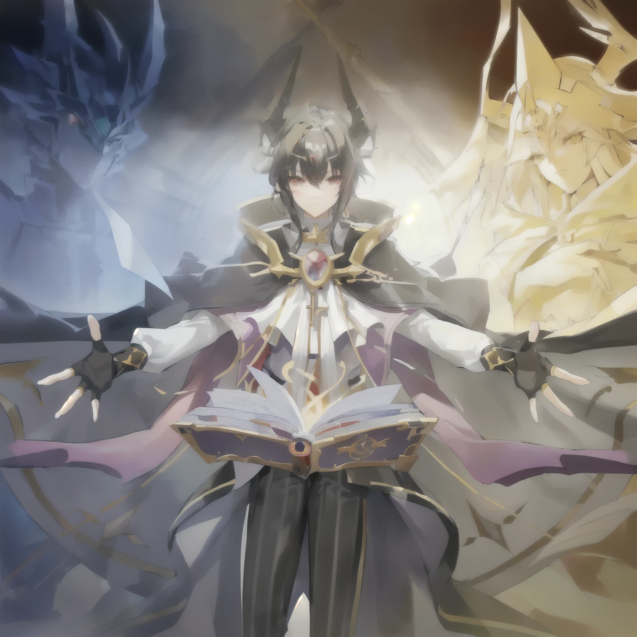 (a girl in an anime's style,holding a book and a sword,standing in front of a demon),(anime goddess),((a female demon with black hair)),(demon),(primary anime artwork),(detailed primary anime artwork),(Shadow of the Poet style),(highly detailed official artwork),(a picture of the ghost of Anubis),(Yu-Gi-Oh! art style),(key visual concept art)。