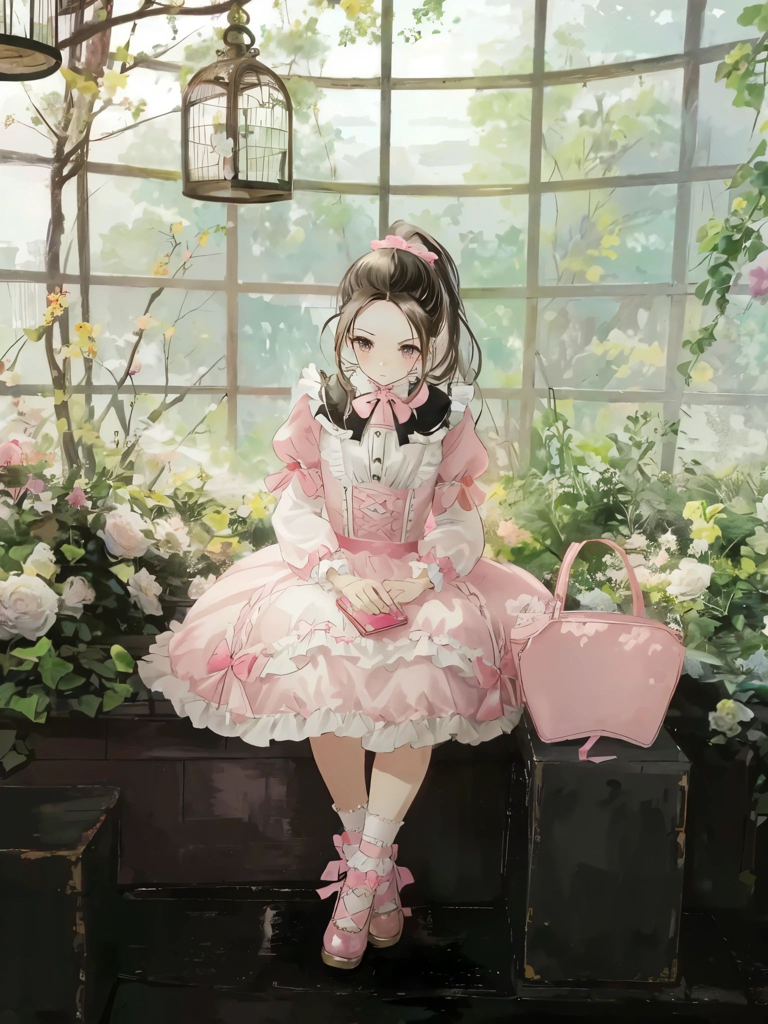 (ponytail forehead hair pulled back:1.3), araffe girl sitting on a bench in a greenhouse with a pink purse, ta style, loliashion, portrait of magical lolita g rococo dress, angelic pretty, rococo ruffles dress, fairycore, kawaii style, belle delphine, lolita,  in s, dreamy style, victorian gothic lolita fashion, e of magical girl, pink pastel