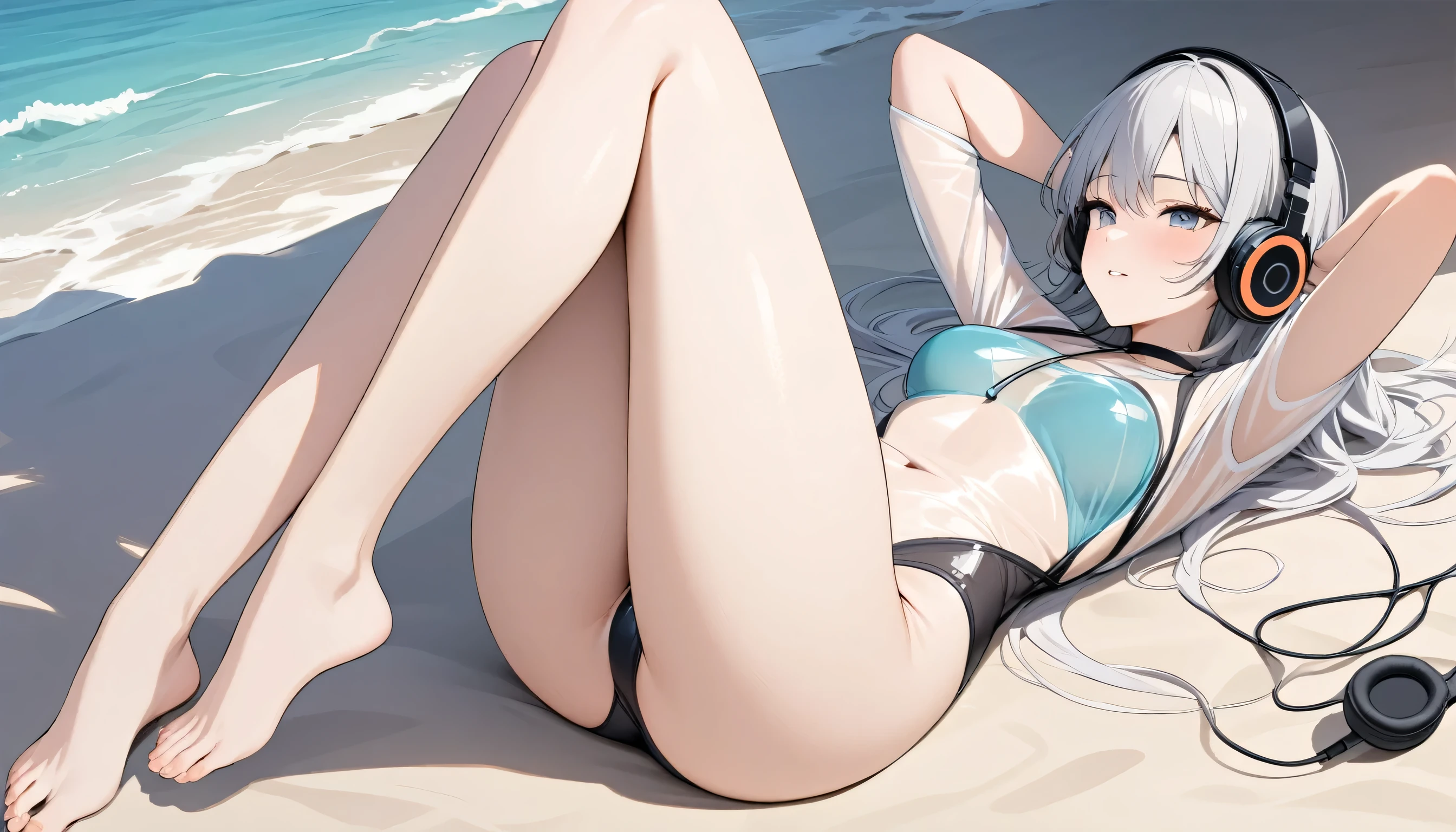 ((Top quality)), ((Masterpiece)), (Detail), perfect face, lying on the beach, listening to music, girl, wearing headphones, wearing swimsuit, swimsuit is transparent, legs spread, wearing tight clothes, buttocks and bare-breasted