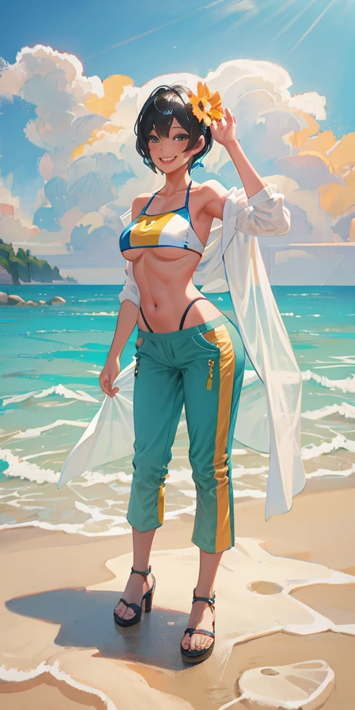 Full body image, face and hairstyle looks just like Nijou Shizue, beach, swimsuit, slim body, big breasts, huge breasts, beautiful breasts, beautiful legs, long legs, high heels, small buttocks, gravure idol, campaign girl, smile, natural pose, Clear blue sea, white sandy beach, sexy swimwear, hair blowing in the wind, bright smile, charm, confidence, bold and exciting, extreme string bikini, triangular bikini too small, stringy micro bikini, T-front pants, V front pants, digging in, sticking out, see-through swimsuit, short hair, black hair, topless