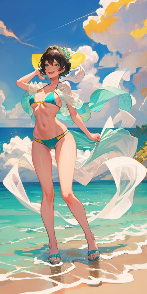 Full body image, face and hairstyle looks just like Nijou Shizue, beach, swimsuit, slim body, big breasts, huge breasts, beautiful breasts, beautiful legs, long legs, high heels, small buttocks, gravure idol, campaign girl, smile, natural pose, Clear blue sea, white sandy beach, sexy swimwear, hair blowing in the wind, bright smile, charm, confidence, bold and exciting, extreme string bikini, triangular bikini too small, stringy micro bikini, T-front pants, V front pants, digging in, sticking out, see-through swimsuit, short hair, black hair, topless