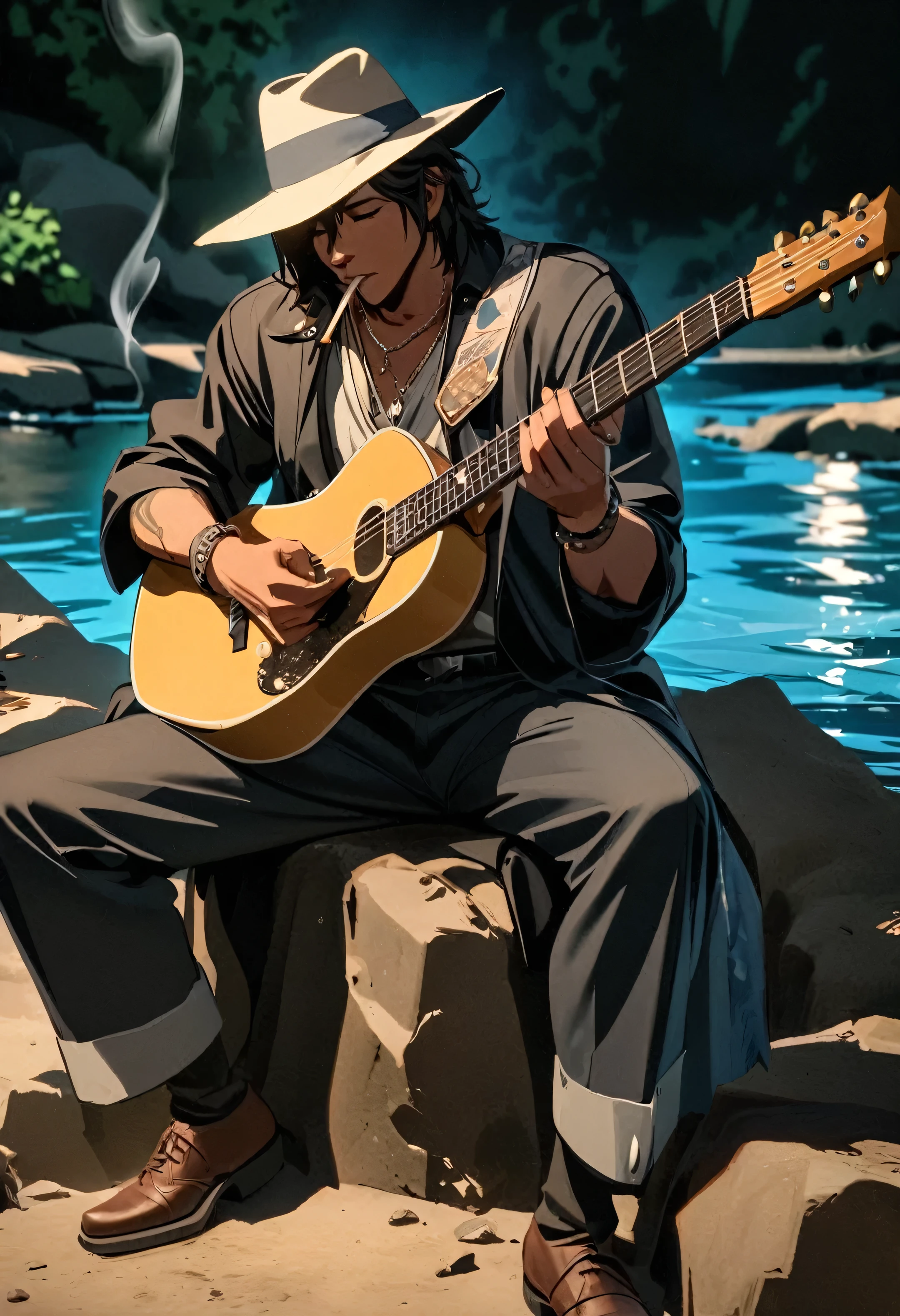 stevie ray vaughn  Blues man sitting on a rock by a river playing guitar smoking joint