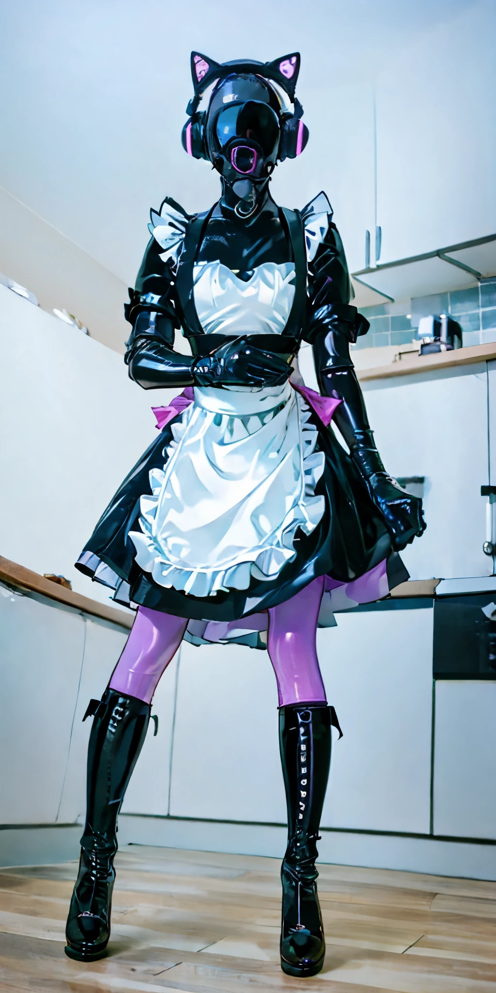 16k, HD, Professional, Highly Detailed ((Masterpiece: 0.3)) (((High Quality))) anime, blank face, null, female crow ((beak)) latex ((latex face)) (hot pink (frilly maid dress)) skirt, apron, cleaning, gamer, cleaning, standing in kitchen