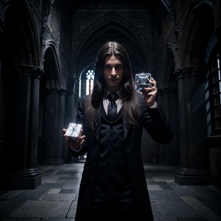 Athletic long haired magician with a hypercube floating in the palm of his hand in a dark gothic castle