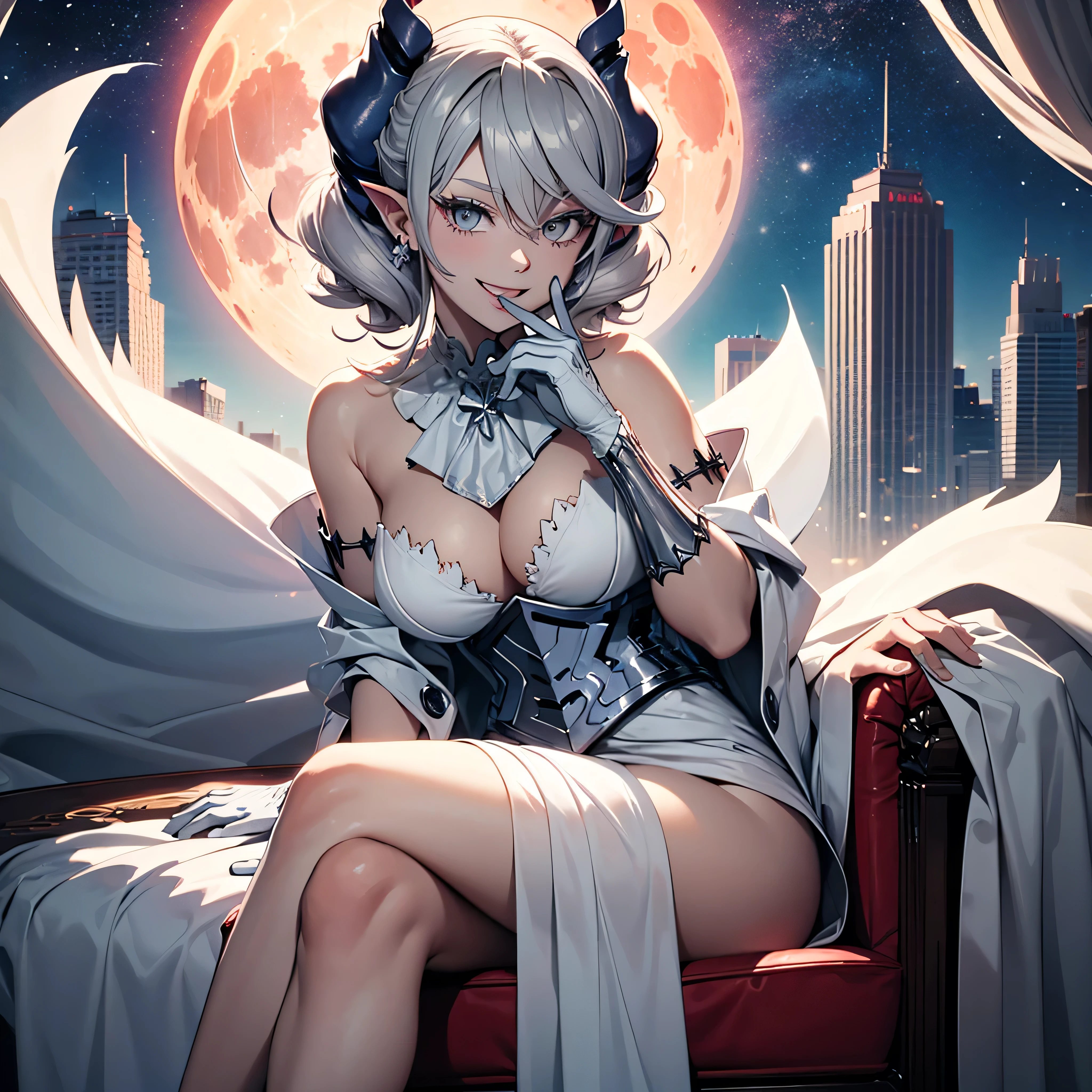 table top　High level image quality　best image quality　8K　 adult woman　whole body　portrait　pure white long gloves（elbow gloves）　　white long dress（slit）　white wolf ears  　short hair（（shortcut）（gray hair）（perm）（fluffy））　eye color is red　attractive evil face（（smile）（ open your mouth））nightfall red moon  　sexy pose , crossed legs style in detailed , sitting,  labrynth ,  view from side pov , face focus