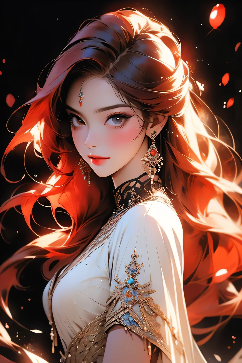 Beautiful woman with red hair and bright black eyes, (Wear elegant party clothes), (A black background with scattered light particles), Intricate details, Modest, watercolor, splash、masterpiece, 最high quality, high quality, High resolution,