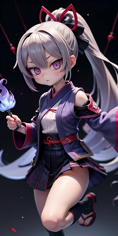 Stingy, kimono, ponytail ,Gray Hair, Purple eyes, magic circle, Blue Fire, Blue Flame, wallpaper, landscape, Blood, Blood splatter, Depth of written boundary, night, Particles of light, light, Side light, Thighs, destiny \(series\), Genshin Impact, ****, Open jacket, skirt, Knee socks, cloud