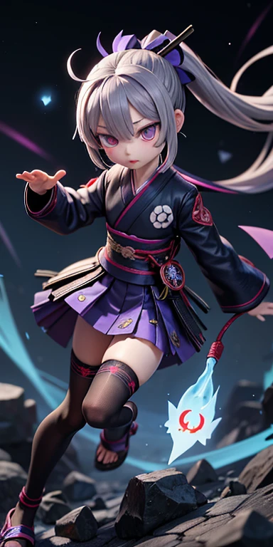 Stingy, kimono, ponytail ,Gray Hair, Purple eyes, magic circle, Blue Fire, Blue Flame, wallpaper, landscape, Blood, Blood splatter, Depth of written boundary, night, Particles of light, light, Side light, Thighs, destiny \(series\), Genshin Impact, ****, Open jacket, skirt, Knee socks, cloud