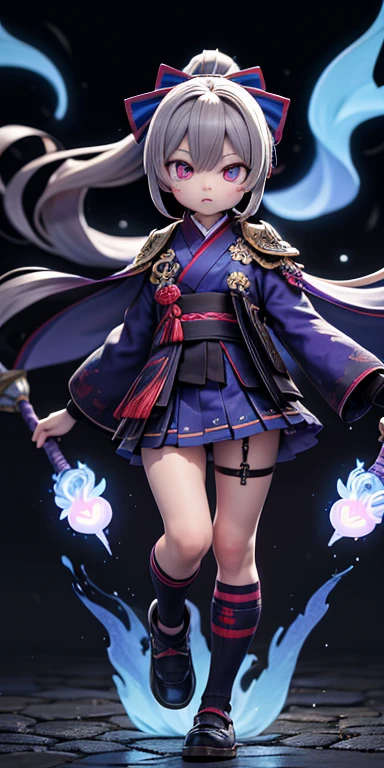 Stingy, kimono, ponytail ,Gray Hair, Purple eyes, magic circle, Blue Fire, Blue Flame, wallpaper, landscape, Blood, Blood splatter, Depth of written boundary, night, Particles of light, light, Side light, Thighs, destiny \(series\), Genshin Impact, ****, Open jacket, skirt, Knee socks, cloud