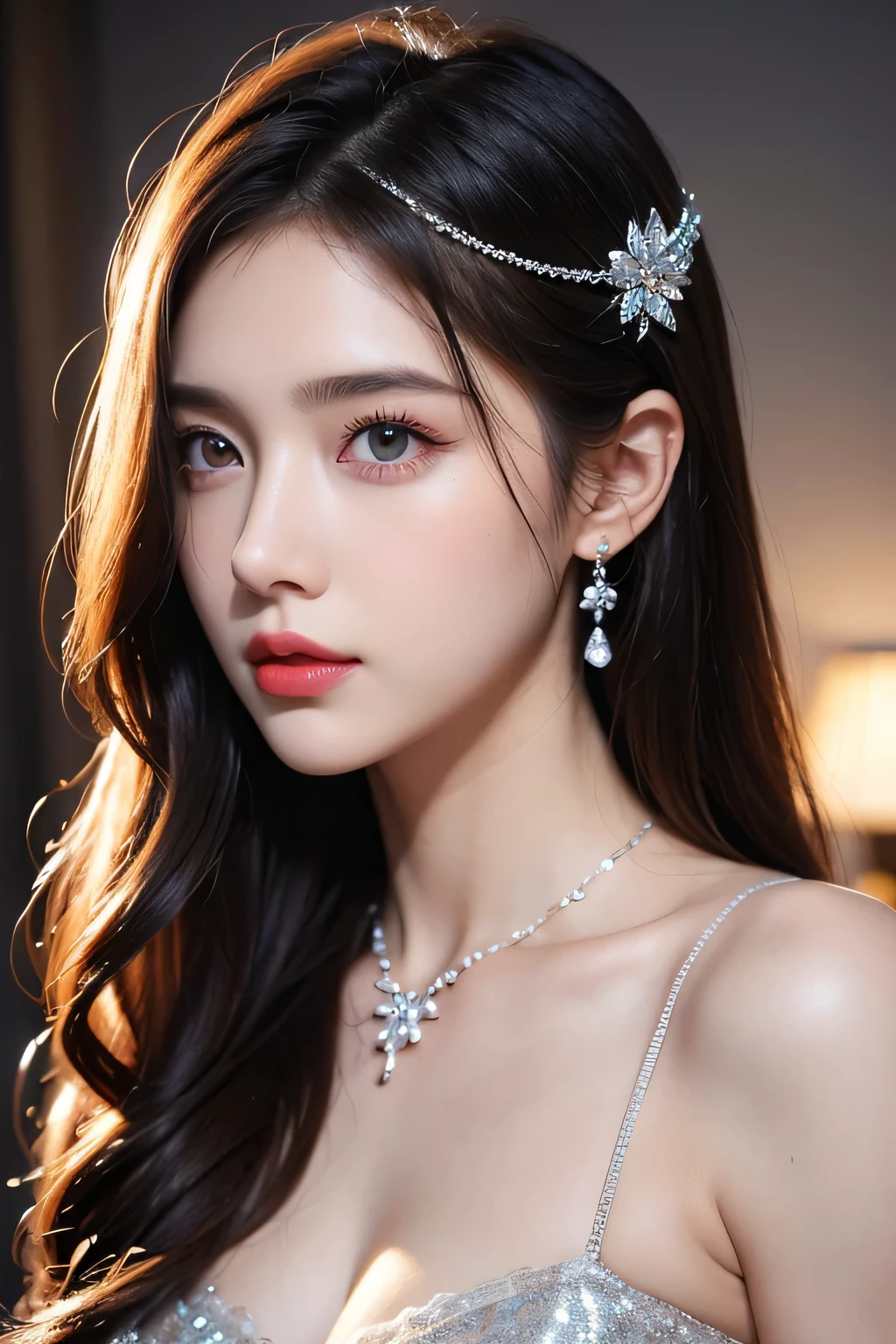 High-quality work，Realistic works，Super premium graphics，8K HD CG works，high quality graphics，High-definition and exquisite CG works，10x pixels，Ultra-fine details：1.1，Advanced technical details：1.1Realistic photo effects，Interior lighting effects：1.5，natural soft light：1.5. Light effect（Virtual light effects：1.8），ultra high resolution，shining dress，sliver long hair，silber hair，transparenthair，high detailed hair（Quality hair details：1.1）Clear eyes，Double eyelids look good，Sharp eye makeup, Create exquisite eyelash makeup, tthin eyebrows, Ultra-detailed eyes，a tall nose, lovely red lips, rosey cheeks, With delicate makeup on her face , pretty face, The face shape is perfectly proportioned,（Advanced facial details：1.1）Gentle and beautiful girl, (185cm美女), (fit), Imperial sister, Queen temperament, White skin, ((Long legs)), perfect facial features, Bright Eyes, Seductive pose, Red lips, Beautiful and cold (A major breakthrough)), Beautiful and heroic, Soft and long hair, Glittering, Lace, net, Visible through clear skin, wear glasses, diamond earrings, ruby neckLace, (Purple dress), 8K Image Quality, (Realistic Portraits), Characters fill the screen, (Facial lighting), ((eternal) ，Women's artwork，Dress full body video，Realism，Amazing Cleavage，My eyes are very bright today
