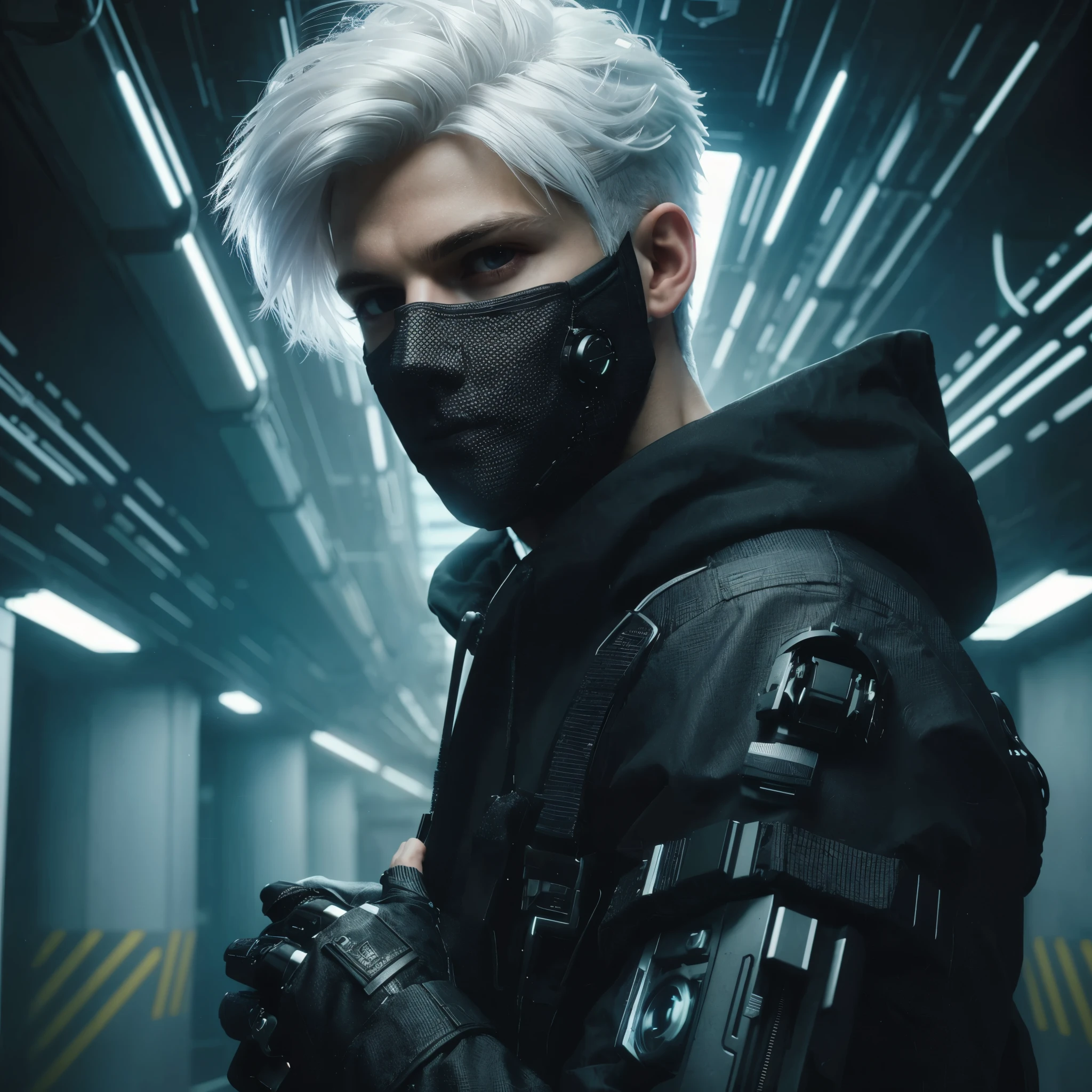 A young man with white hair, cyberpunk style, hacker setting, cinematic action, 4K, photorealism, full body, ultra realistis, resambking sony 7000D