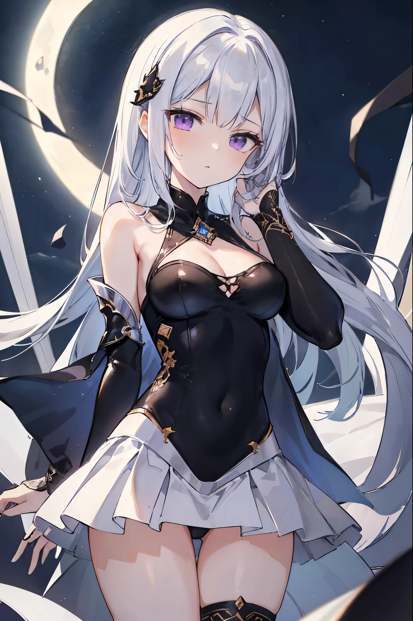 1girl, anime, cute girl, blank background, white background, fantasy, detailed fantasy dress with highlights, beautiful face, beautiful eyes, dark colors, black hair with multicolor streaks, red eye with different color pupil in eye, multicolor eye, medium breasts, slight cleavage, beautiful skin, cute, breast curtains, extremely delicate and beautiful, (beautiful detailed face:1.0), (detailed deep eyes), symmetrical breasts, deep eyes, shiny skin, portrait, slender waist, hips wider than shoulders, thighs, expressionless, young girl, luminous eyes, adorable,(Kpop idol),(aegyo sal:1),(Platinum blonde hair:1),((puffy eye)),Black panty,sexy posture,Superskirt, Ultra-high resolution,Black collar,slim figure, Abdominal y tattoo, womb tattoo,Tight-fitting leg ring,y tattoo on half-body,Bare skin, Armored hand,Hidden fingertips,Hand covered,Arm covered,Fist covered,{{beautiful detailed fingers}}, tufts of hair, moderate beautiful breast:1.0,(masterpiece:1.2), best quality, high-res, HDR, perfect face, intricate armor, delicate blue filigree, intricate filigree, red metalic parts, detailed part, dynamic pose, dynamic lights, cute face, neutral expression, shuimobysim, lotus, hanfu, maxi skirt, dress conservatively 1girl, solo, long blue hair, standing, One lady,14years,((White hair) ,((Normal breasts)), (Shiny purple bodysuit with microskirt),((Fantasy, Moon Night))