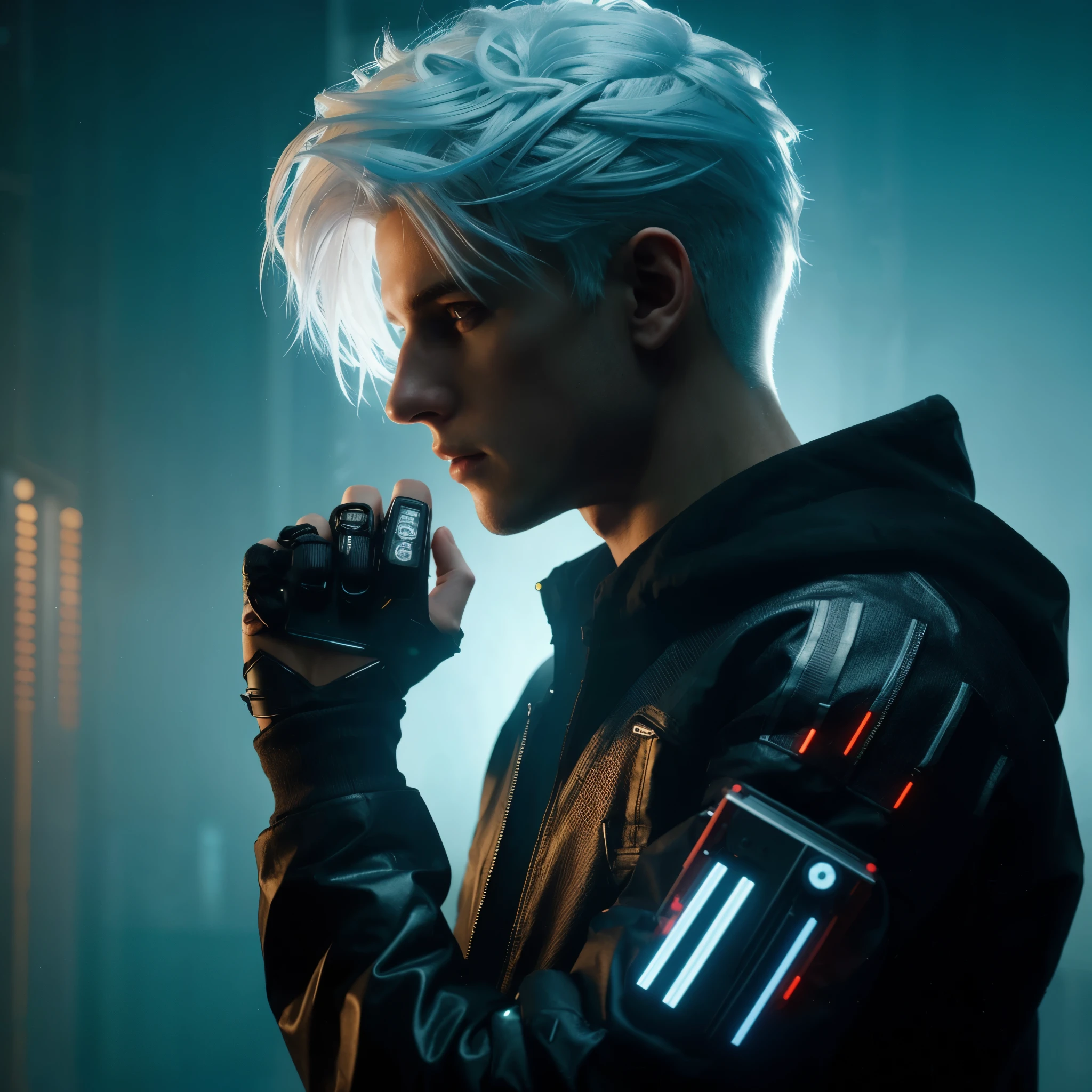 A young man with white hair, cyberpunk style, hacker setting, cinematic action, 4K, photorealism, full body, ultra realistis, resambking sony 7000D