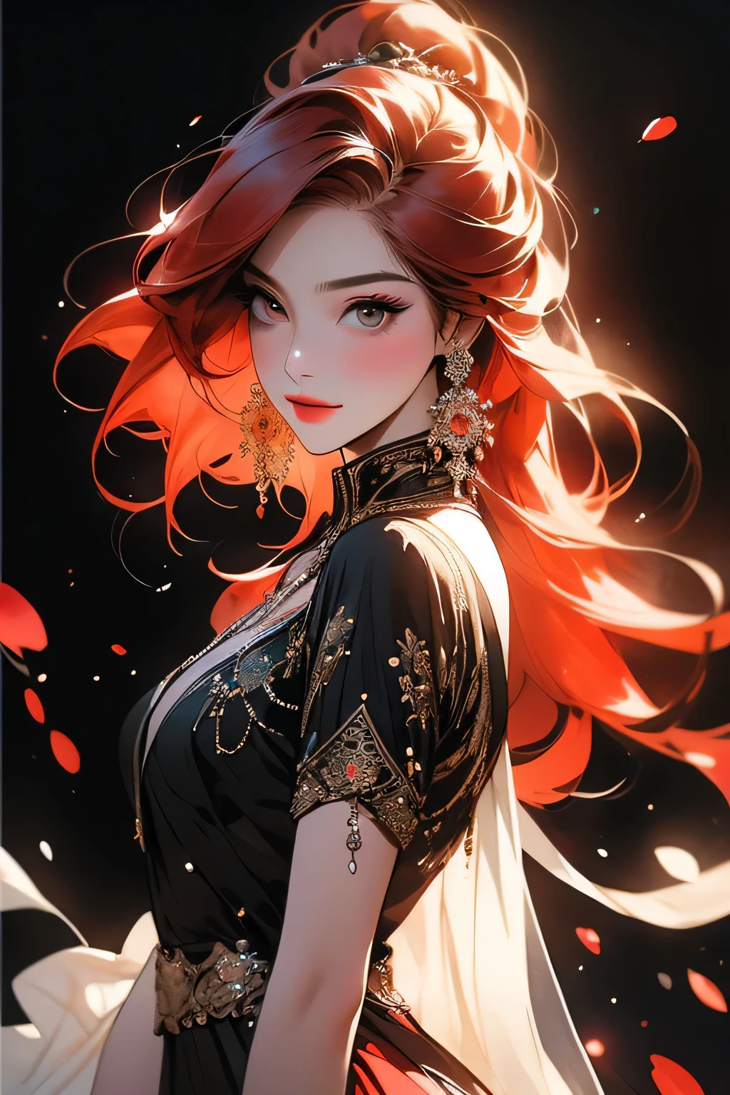 Beautiful woman with red hair and bright black eyes, (Wear elegant party clothes), (A black background with scattered light particles), Intricate details, Modest, watercolor, splash､masterpiece, 最high quality, high quality, High resolution,