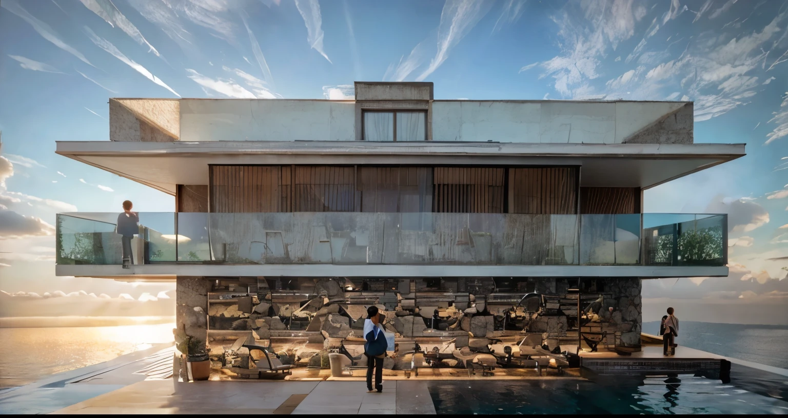 he exterior of the house; garden landscape, a pool with clear water, daytime, realistic, wide angle, (( render vray )), cloudy sky, morning, sunlight, European plants, render, spring light, detailed, modern style, clear image, glasses, high reflection, RAW photo, (high detailed skin:1.2), 8k UHD, DSLR, soft lighting, high quality, film grain, Fujifilm XT3