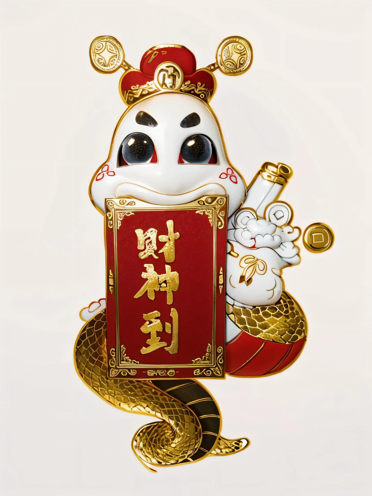 3d,Chinese male, a cute yellow python, bidding the scroll,((red hat)), Black eyebrows， red eyes, red Chinese scroll, gold coin, bag,((plain white background)),solid background,with a simple design in the style of Pixar,8K,best quality,ultra- detail,OC,3D,renderer,3D,