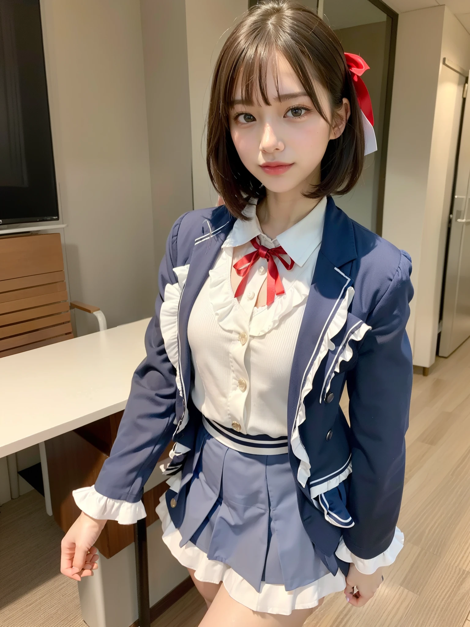 a girl, long hair, white shirt inside blue blazer, red bow tie, brown plaid skirt, fear expression