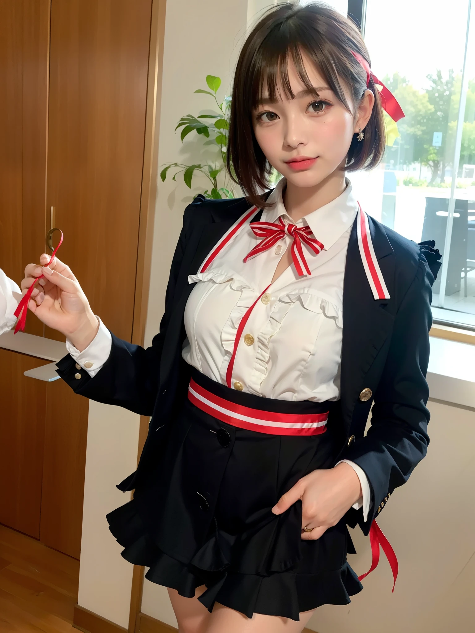 ((Best of the highest quality, 8k, Masterpiece: 1.3, raw photo)), Sharp focus: 1.2, (1 AESPA, slim body type female, 21 y/o: 1.1), (Solo: 1.2), (realistic, photo-realistic:1.37), face focus, cute face, finely eyes, side lighting, using reflectors, (small breasts, flat chest, Thigh: 1.3), (short messy hair, bangs: 1.28), (wearing blazer school uniform dress:1.32), (multilayer-skirt), 
((ribbon, frills):1.38), walking terrace office desk, sun light, flower, 