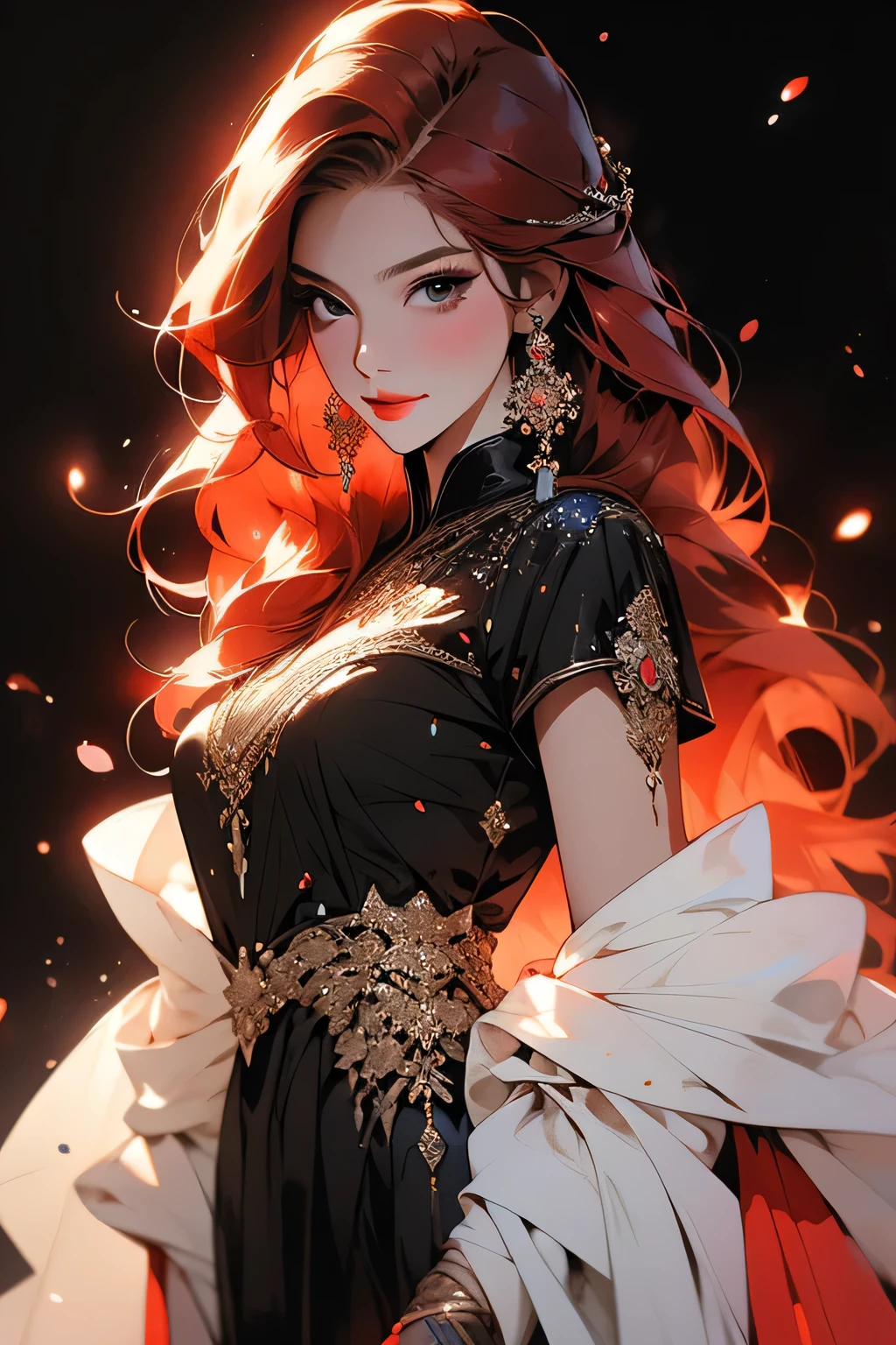 Beautiful woman with red hair and bright black eyes, (Wear elegant party clothes), (A black background with scattered light particles), Intricate details, Modest, watercolor, splash､masterpiece, 最high quality, high quality, High resolution,