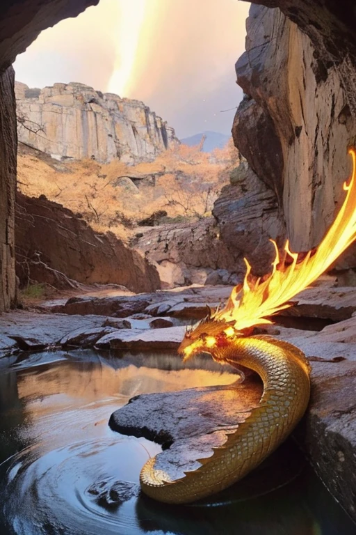 So sublime and divine々A beautiful golden dragon coiled up in the center of the screen, glaring at the camera.。The surrounding area is a canyon where no one can get close, and lightning is flashing in the background.、The sun is shining brightly