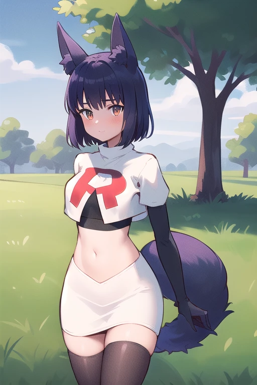 (masterpiece, best quality, highly detailed), 1girl, cowboy shot, lico, outside, trees, grass, sun, clouds, sky, team rocket,team rocket uniform,white skirt,red letter R,crop top,black thigh-highs,black elbow gloves , blush, fox ears, fox tail