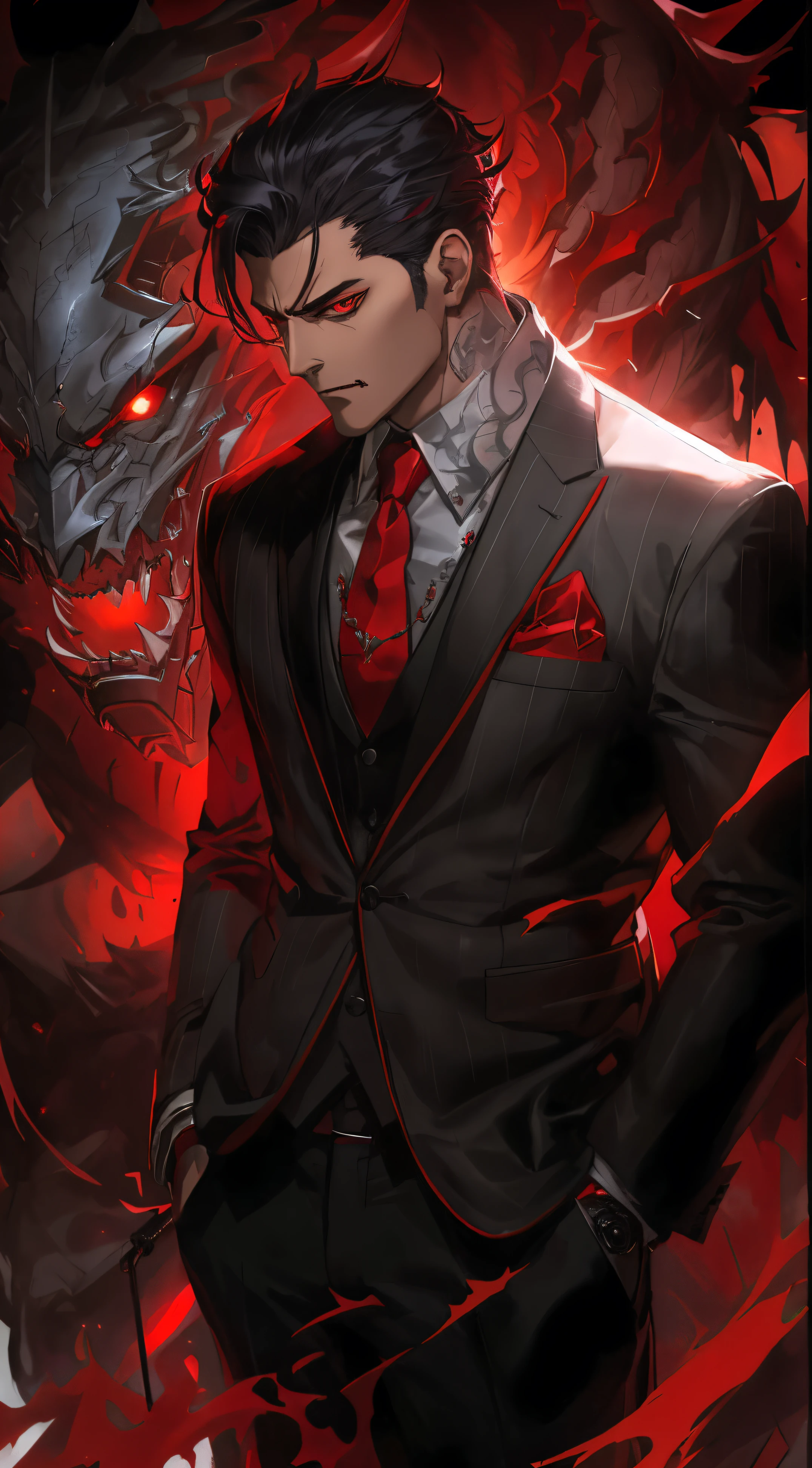 1man, handsome, evil, sinister, red eyes, black hair, wearing suit, masterpiece, 4k, top quality, highly detailed, official art