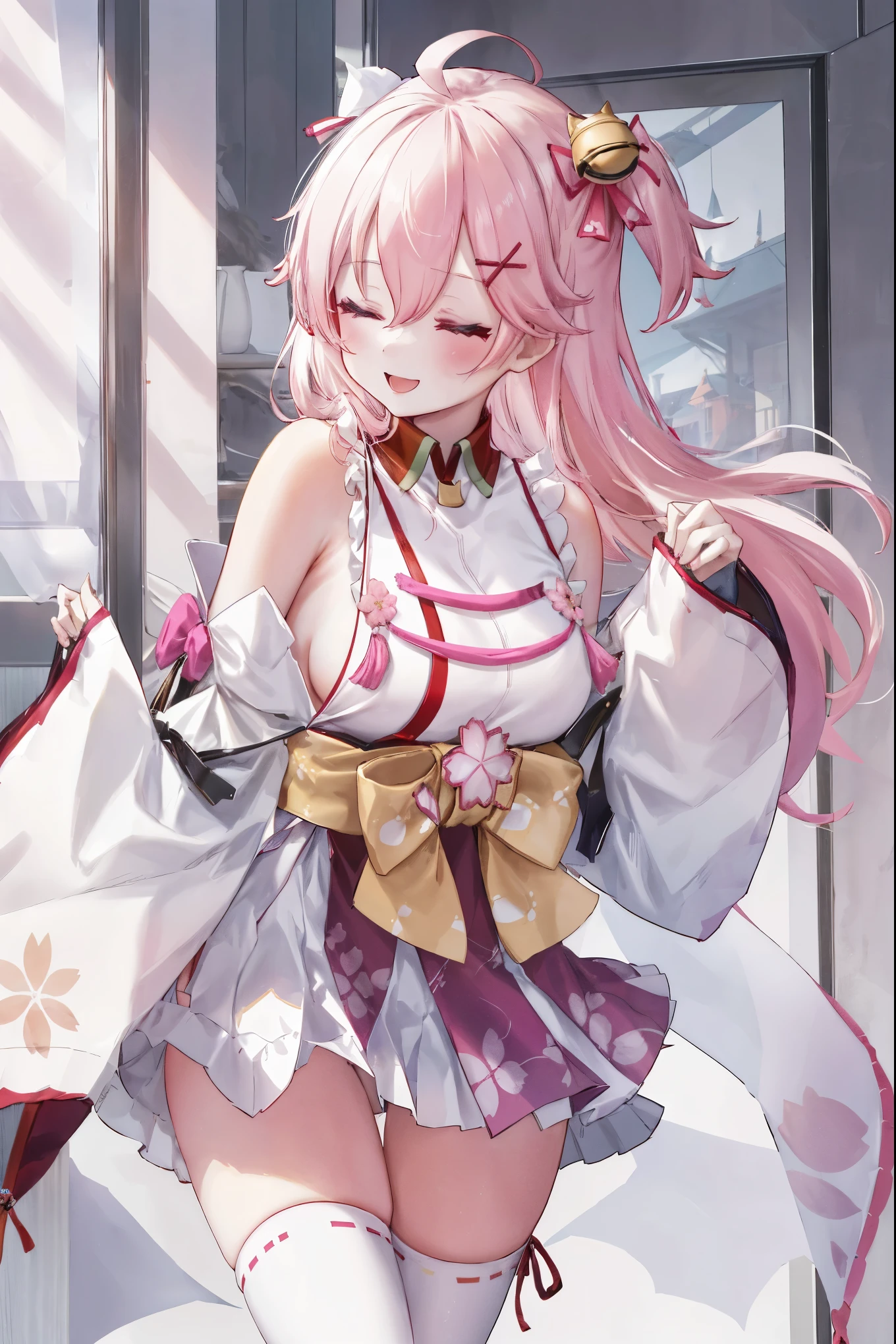 masterpiece, best quality, highres, miko1, sakura_miko, 1girl, big_boobs, solo, ahoge, x_hair_ornament, pink_hair, floral print, hairclip,(side_less_clothes:1.5), (side_boobs:1.5), hair_bell, floral print, long_hair, hair between eyes, one side up, white thighhighs, asymmetrical legwear, wide sleeves, open_mouth,(happy:1.3),close_eyes,big_smile,plump,apart_legs,(overly_long_sleeves:1.3),sleeves_past_wrists,hands_hidden_sleeves,sidelock_clothes,solo,hidden_wrists,(XD:1.5),covered_nipples,sunlight,(bare_flank:1.3)