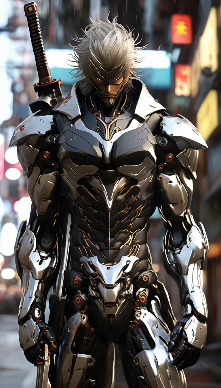 arafed man in a black suit with a sword and a helmet, covered in full metal armor, raiden metal gear, stylish cyborg armor, covered in full silver armor, movie still of a villain cyborg, cyborg samurai, cyborg ninja, raiden from metal gear rising, cyber japan style armor, black scales and cyborg tech, akihiko yoshida. unreal engine