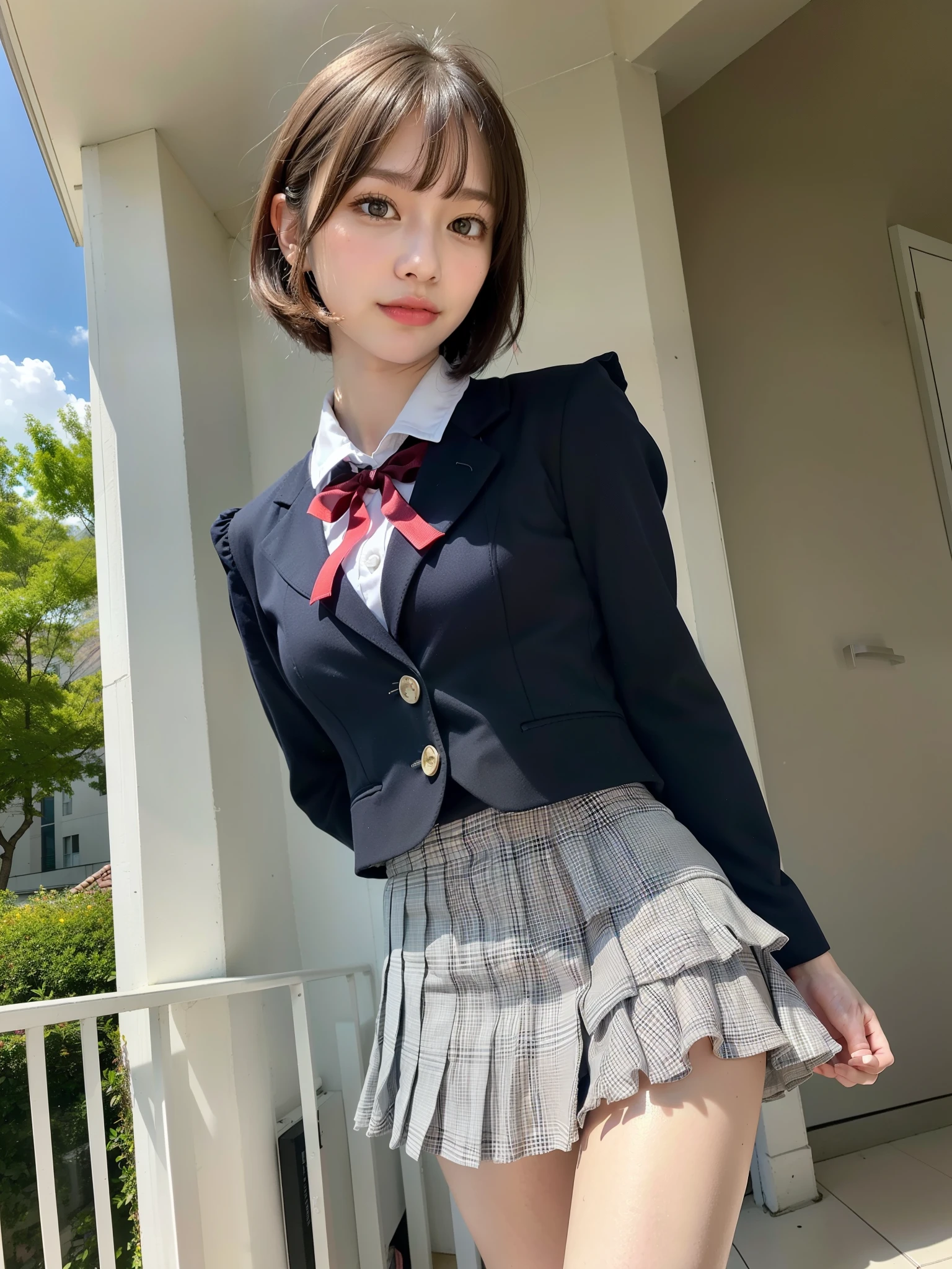 ((Best of the highest quality, 8k, Masterpiece: 1.3, raw photo)), Sharp focus: 1.2, (1 AESPA, slim body type female, 21 y/o: 1.1), (Solo: 1.2), (realistic, photo-realistic:1.37), face focus, cute face, finely eyes, side lighting, using reflectors, (small breasts, flat chest, Thigh: 1.3), (short messy hair, bangs: 1.28), (wearing blazer school uniform dress:1.32), (multilayer-skirt), (ribbon, frills:1.38), walking terrace dining, sun light, flower, (from below:1.1)