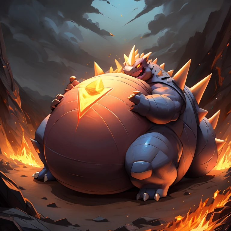 Pokemon rhydon, massive belly, obese, stomach is triangular, body is buried due to fat, stomach is like a giant balance ball, stomach glowing red, lustful expression, in a volcano