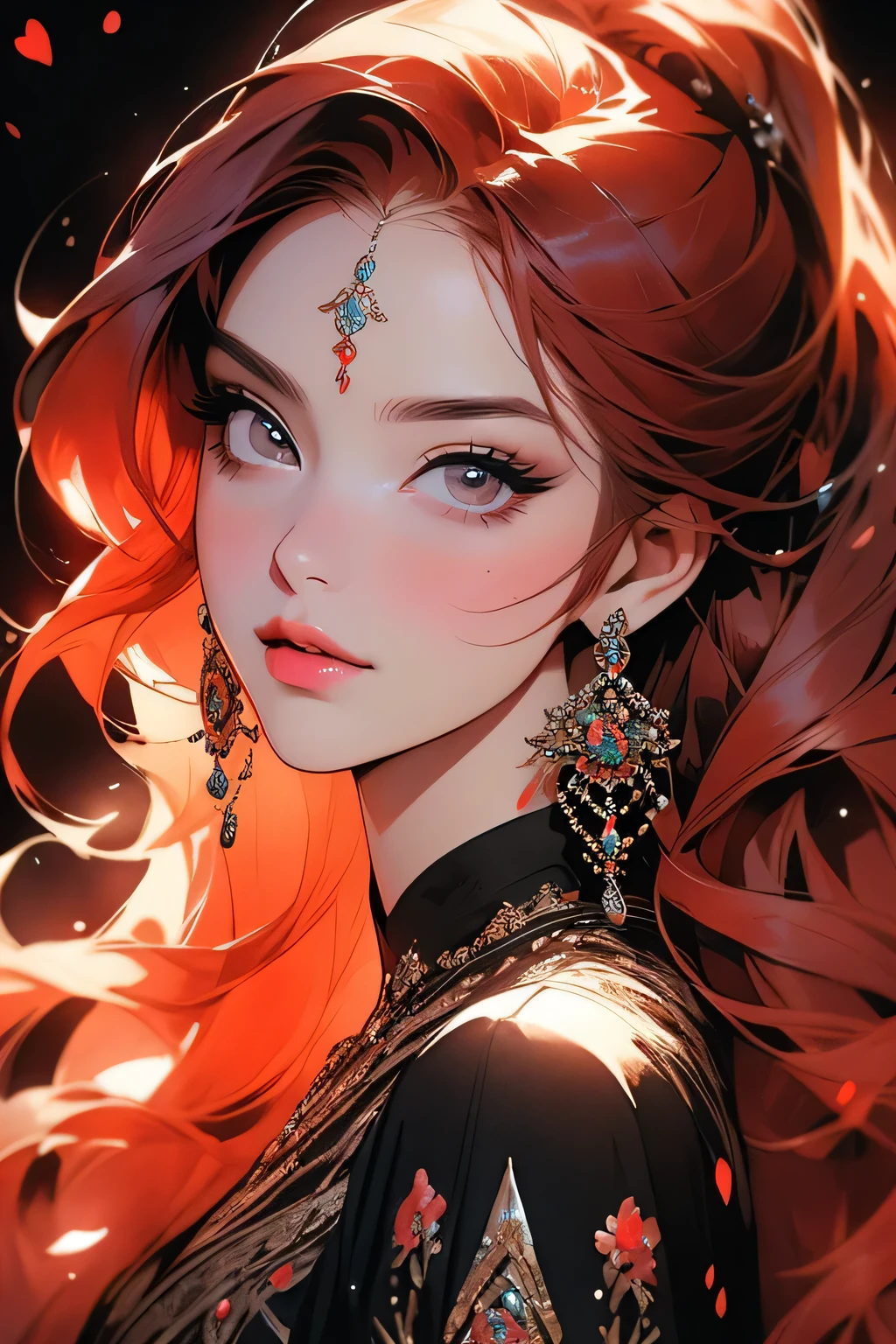 Beautiful woman with red hair and bright black eyes, (Wear elegant party clothes), (A black background with scattered light particles), Intricate details, Modest, watercolor, splash、masterpiece, 最high quality, high quality, High resolution, (((Portrait)))
