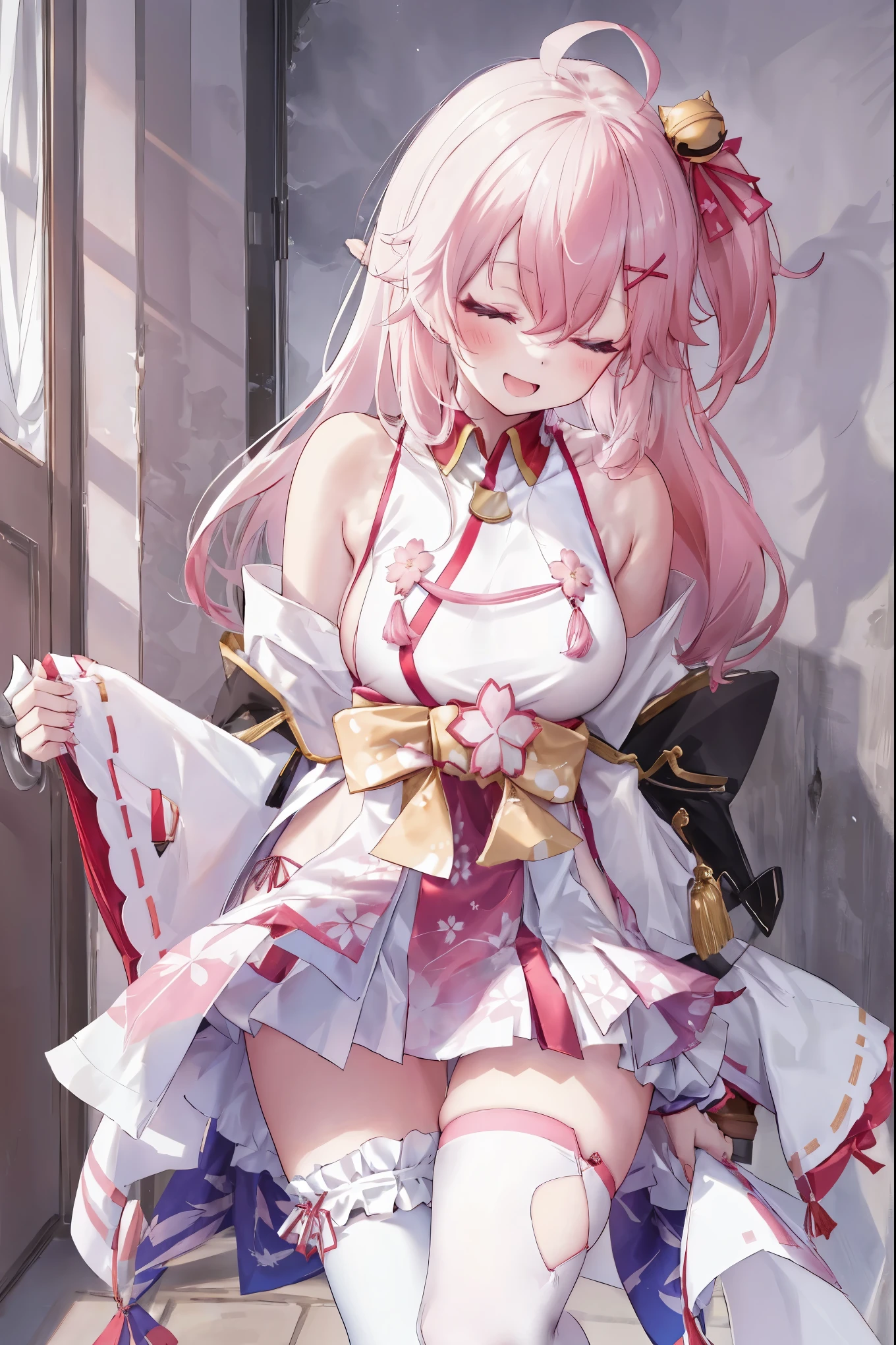 masterpiece, best quality, highres, miko1, sakura_miko, 1girl, big_boobs, solo, ahoge, x_hair_ornament, pink_hair, floral print, hairclip,(side_less_clothes:1.5), (side_boobs:1.5), hair_bell, floral print, long_hair, hair between eyes, one side up, white thighhighs, asymmetrical legwear, wide sleeves, open_mouth,(happy:1.3),close_eyes,big_smile,plump,apart_legs,(overly_long_sleeves:1.3),sleeves_past_wrists,hands_hidden_sleeves,sidelock_clothes,solo,hidden_wrists,(XD:1.5),covered_nipples,sunlight,(bare_flank:1.3)