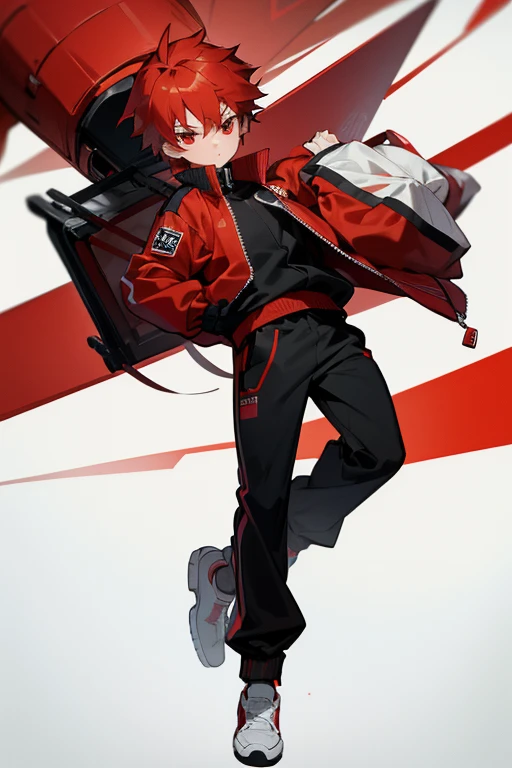 12 year old boy, fiery red hair, fiery red eyes, full body, delivery bou cap, pony jacket, black tracksuit pants, delivery package, delivery boy!