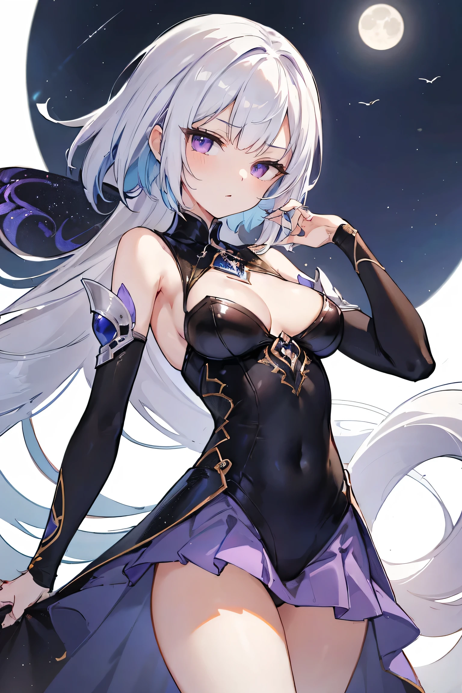 1girl, anime, cute girl, blank background, white background, fantasy, detailed fantasy dress with highlights, beautiful face, beautiful eyes, dark colors, black hair with multicolor streaks, red eye with different color pupil in eye, multicolor eye, medium breasts, slight cleavage, beautiful skin, cute, breast curtains, extremely delicate and beautiful, (beautiful detailed face:1.0), (detailed deep eyes), symmetrical breasts, deep eyes, shiny skin, portrait, slender waist, hips wider than shoulders, thighs, expressionless, young girl, luminous eyes, adorable,(Kpop idol),(aegyo sal:1),(Platinum blonde hair:1),((puffy eye)),Black panty,sexy posture,Superskirt, Ultra-high resolution,Black collar,slim figure, Abdominal y tattoo, womb tattoo,Tight-fitting leg ring,y tattoo on half-body,Bare skin, Armored hand,Hidden fingertips,Hand covered,Arm covered,Fist covered,{{beautiful detailed fingers}}, tufts of hair, moderate beautiful breast:1.0,(masterpiece:1.2), best quality, high-res, HDR, perfect face, intricate armor, delicate blue filigree, intricate filigree, red metalic parts, detailed part, dynamic pose, dynamic lights, cute face, neutral expression, shuimobysim, lotus, hanfu, maxi skirt, dress conservatively 1girl, solo, long blue hair, standing, One lady,14years,((White hair) ,((Normal breasts)), (Shiny purple bodysuit with microskirt),((Fantasy, Moon Night))