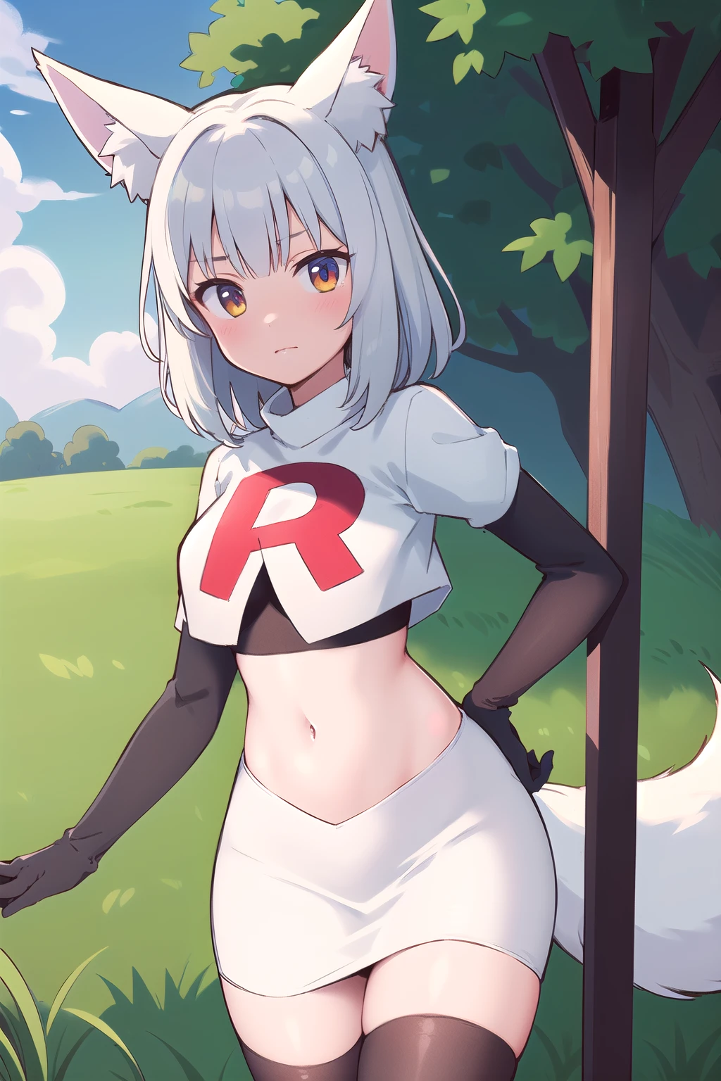 (masterpiece, best quality, highly detailed), 1girl, cowboy shot, lico, outside, trees, grass, sun, clouds, sky, team rocket,team rocket uniform,white skirt,red letter R,crop top,black thigh-highs,black elbow gloves , blush, fox ears, fox tail