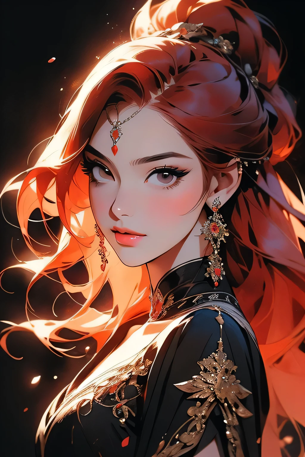 Beautiful woman with red hair and bright black eyes, (Wear elegant party clothes), (A black background with scattered light particles), Intricate details, Modest, watercolor, splash、masterpiece, 最high quality, high quality, High resolution, (((Portrait)))