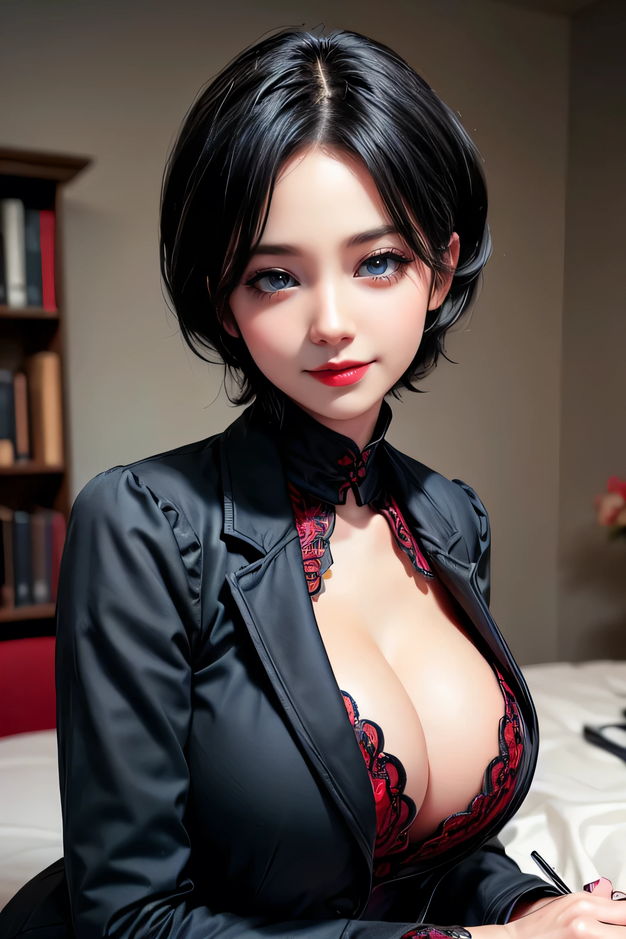 1girl,((35 year old mature woman)),(((victorian red and black suit))),((((1 girl))),(blue eyes)),(Very Intense Makeup)), smiling, ((red lipstick)),((woman in makeup)), short hair, black hair,((masive breasts,)),((cleavage,))),extremely realistic female eye,(((solamente))),cuerpo perfecto,manos perfectas,cara perfecta,