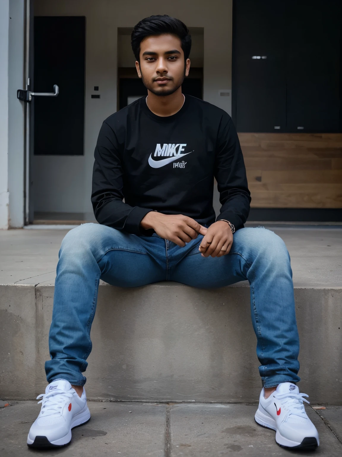 A boy wearing black danim, Jeans and Nike shoes sitting on Instagram logo and name'pradeep'is written above logo. 
