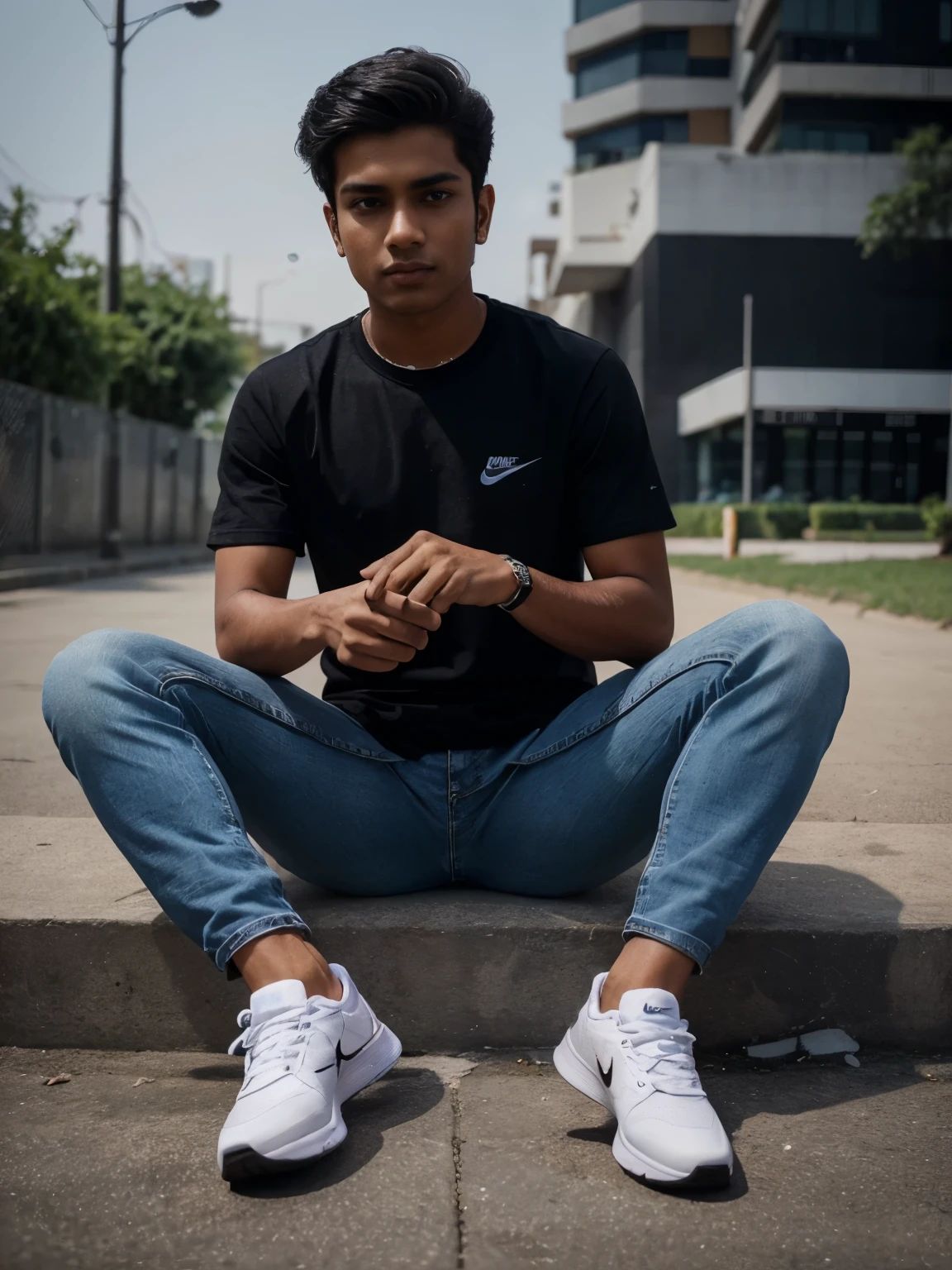 A boy wearing black danim, Jeans and Nike shoes sitting on Instagram logo and name'pradeep'is written above logo.