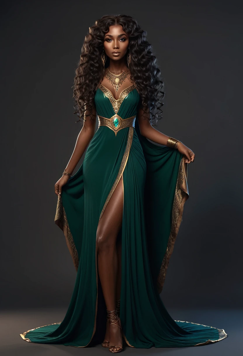 Animation of an elf woman of African descent with very long, dark and curly hair. Full body image in sorceress style dress.  