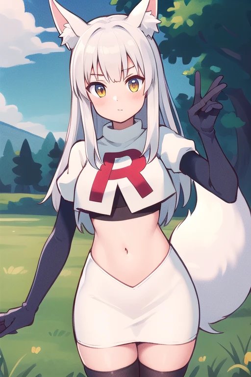 (masterpiece, best quality, highly detailed), 1girl, cowboy shot, lico, outside, trees, grass, sun, clouds, sky, team rocket,team rocket uniform,white skirt,red letter R,crop top,black thigh-highs,black elbow gloves , blush, fox ears, fox tail