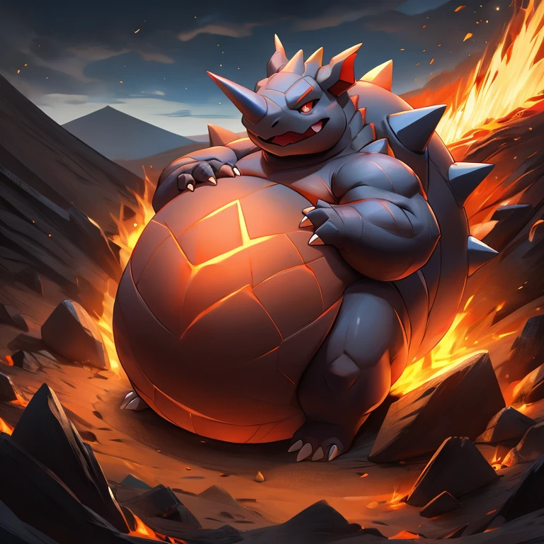 Pokemon rhydon, massive belly, obese, stomach is triangular, body is buried due to fat, stomach is like a giant balance ball, stomach glowing red, lustful expression, in a volcano 