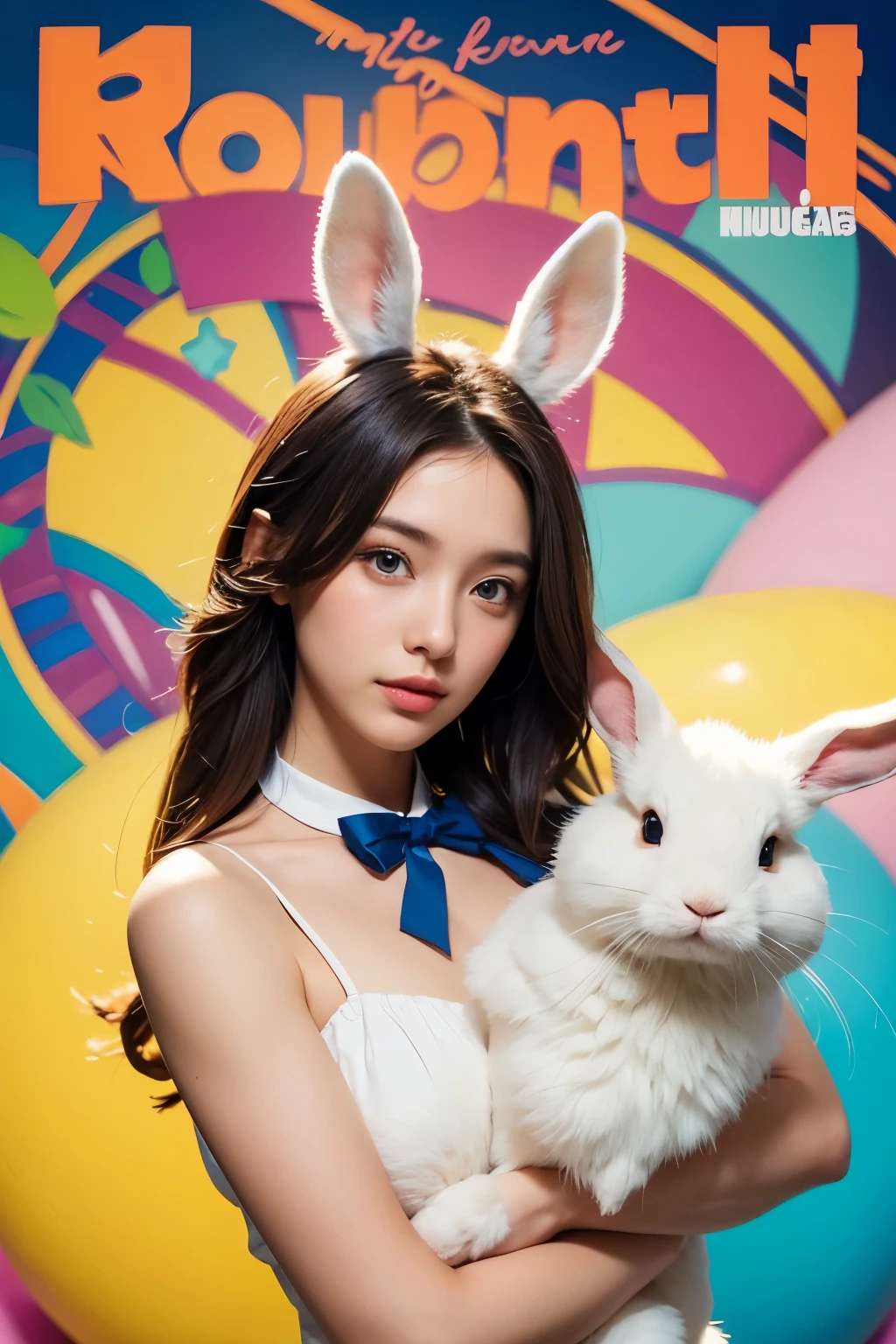 Model and background intact, Beautiful woman holding a large rabbit doll, Colorful background,