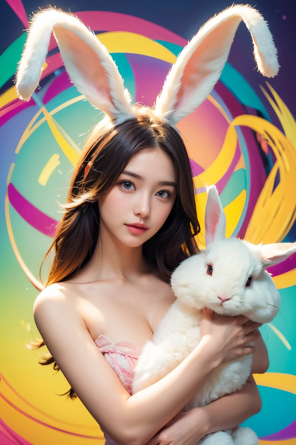 Model and background intact, Beautiful woman holding a large rabbit doll, Colorful background,
