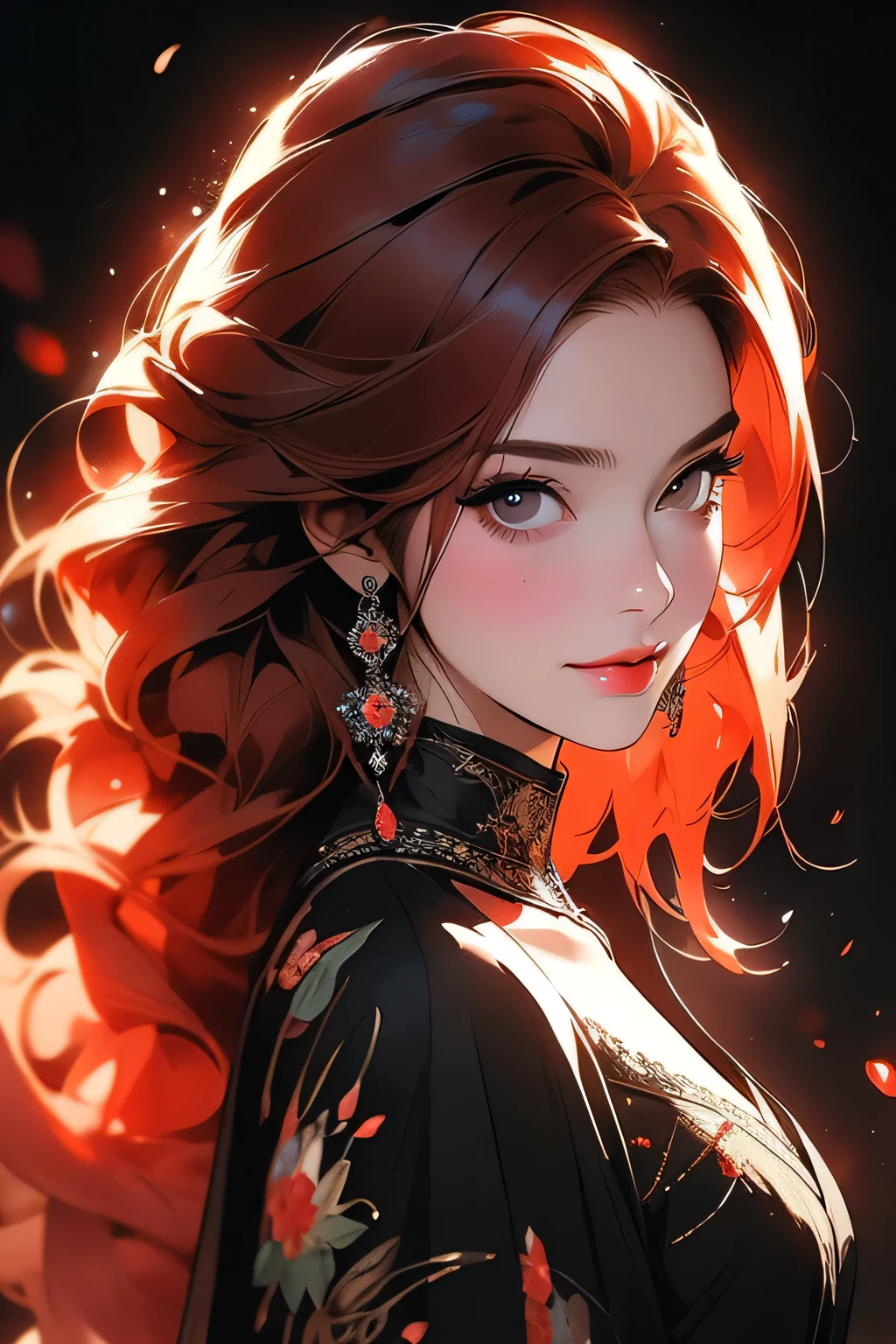 Beautiful woman with red hair and bright black eyes, (Wear elegant party clothes), (A black background with scattered light particles), Intricate details, Modest, watercolor, splash､masterpiece, 最high quality, high quality, High resolution, (((Portrait)))